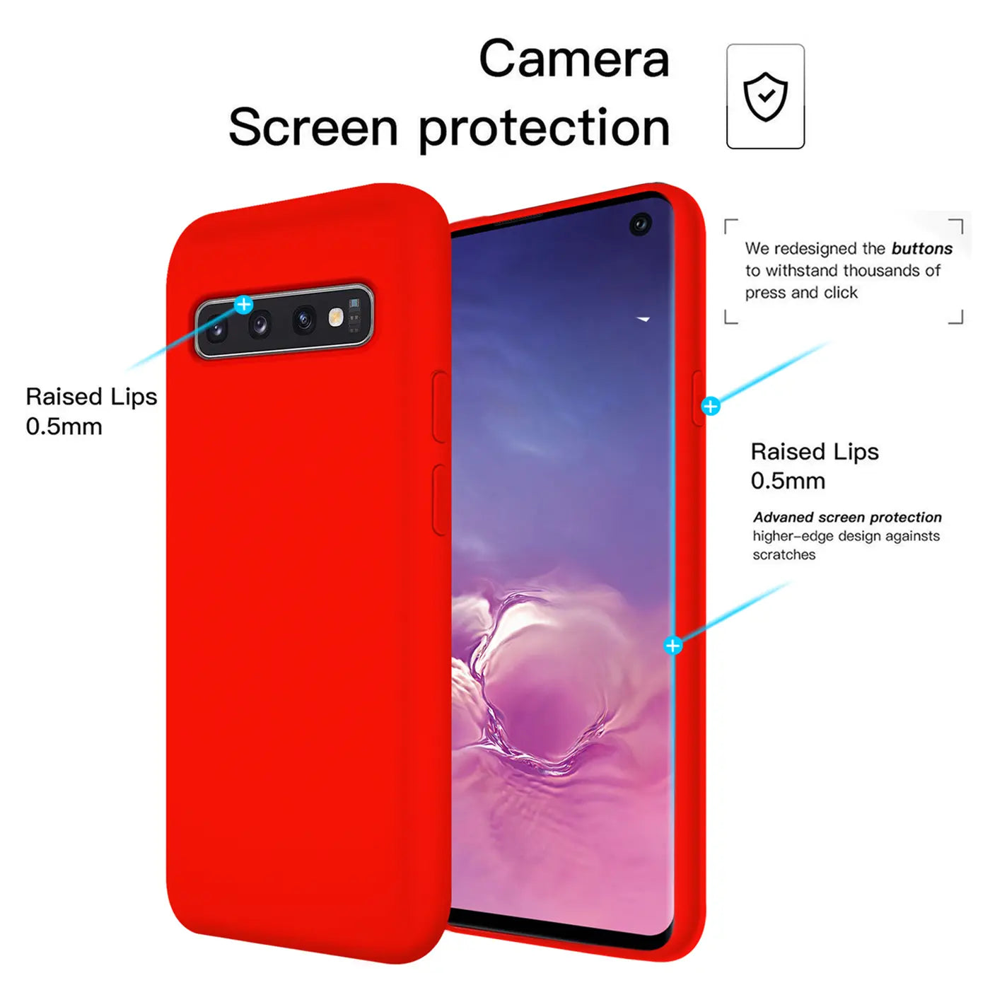 Rote Silikonhülle für Samsung Galaxy S10, Rückseite und Vorderseite sichtbar, Nahaufnahme.