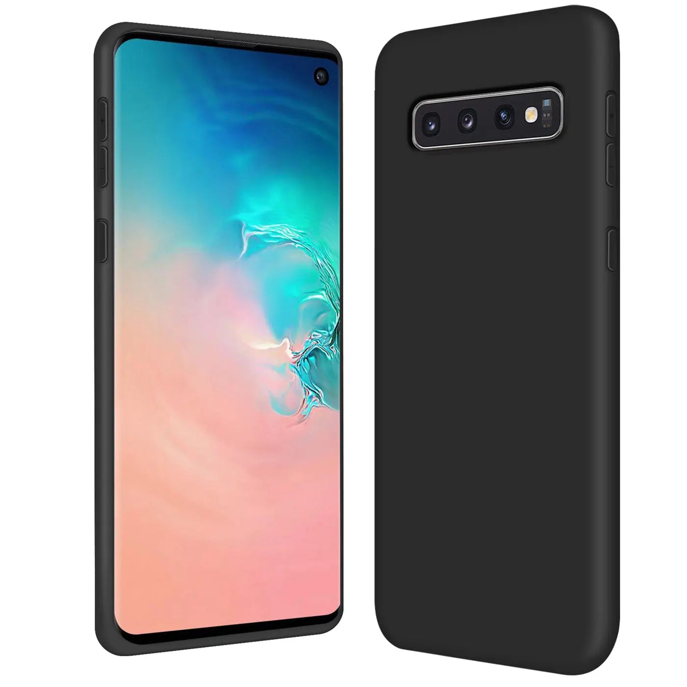 Schwarze Silikonhülle für Samsung Galaxy S10, Rückansicht und Vorderansicht