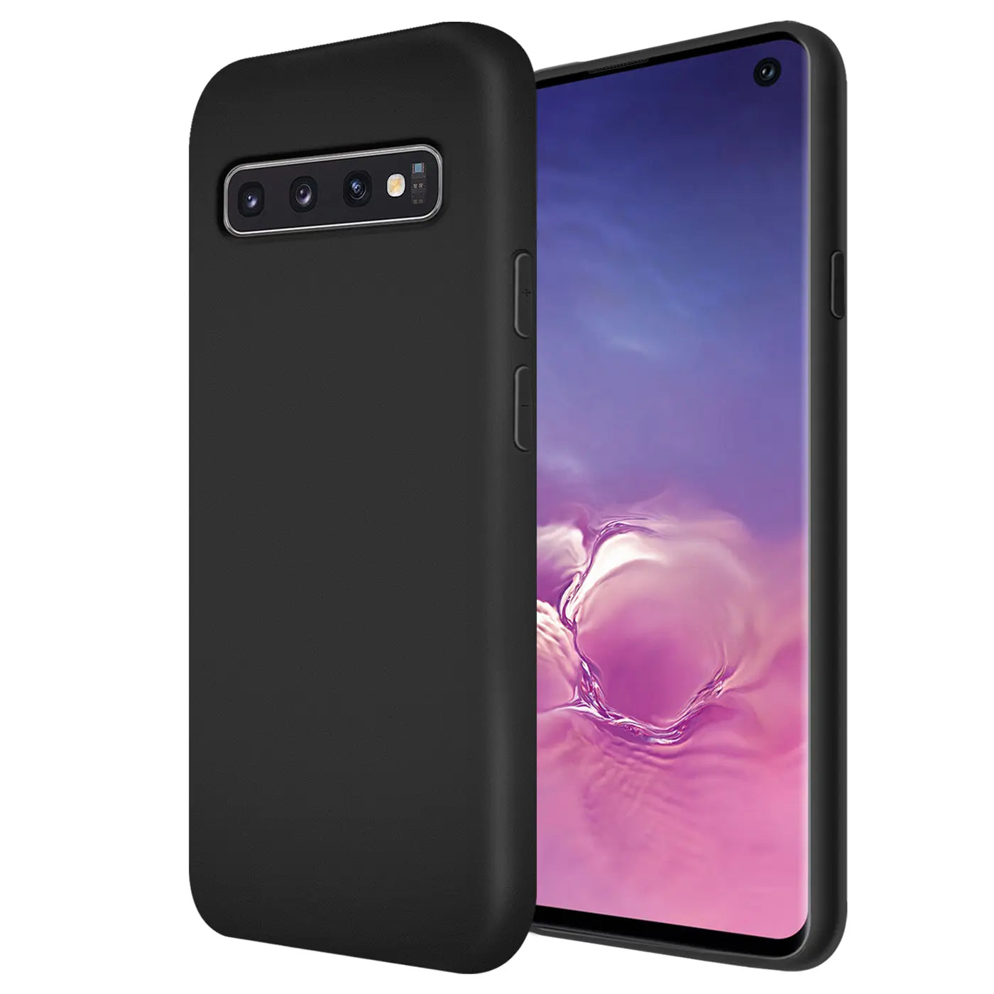 Schwarze Silikonhülle mit Mikrofaser-Innenfutter für Samsung Galaxy S10, von schräg vorne