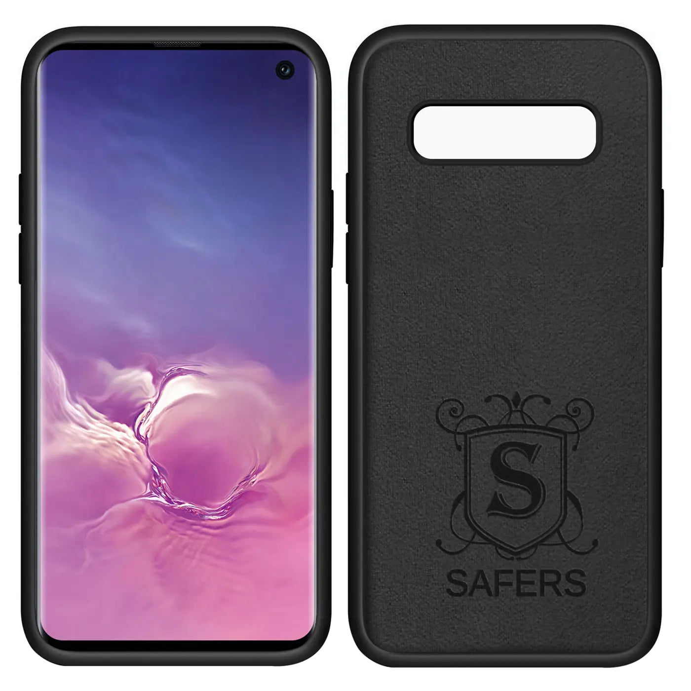 Samsung Galaxy S10 mit schwarzer Silikonhülle, Rückseite mit Logo und Text "SAFERS