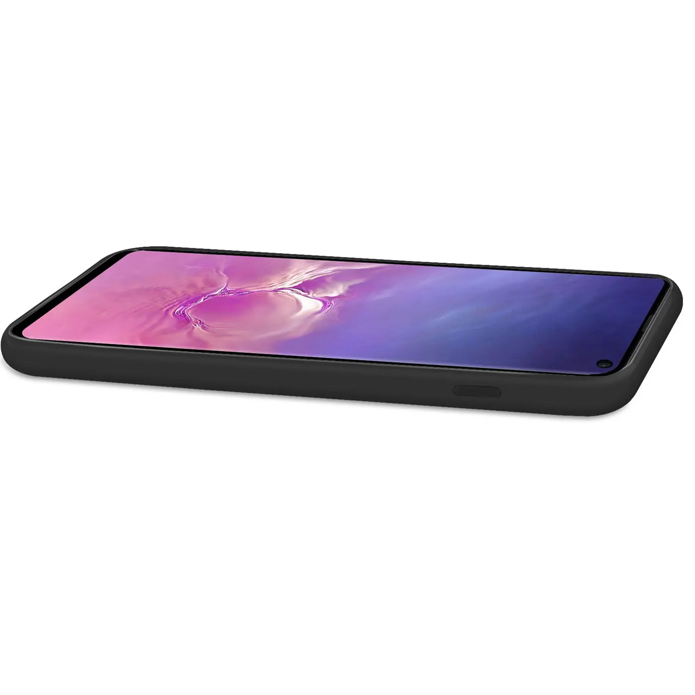 Schwarze Silikonhülle mit Mikrofaser-Innenfutter für Samsung Galaxy S10, Seitenansicht.