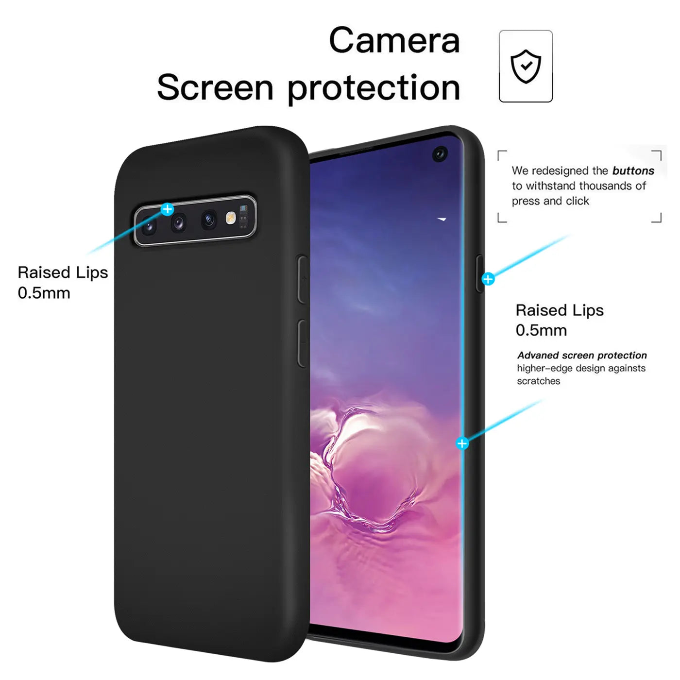 Schwarze Silikonhülle für Samsung Galaxy S10, Rückseite und Seite sichtbar