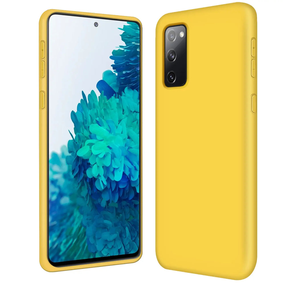 Gelbe Silikonhülle für Samsung Galaxy S20 FE, von vorne und von hinten gezeigt.
