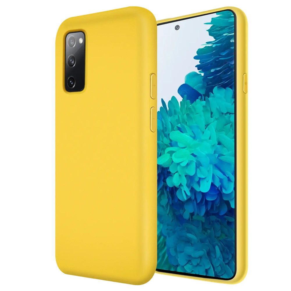 Gelbe Silikonhülle mit Mikrofaser-Innenfutter für Samsung Galaxy S20 FE, Seitenansicht.