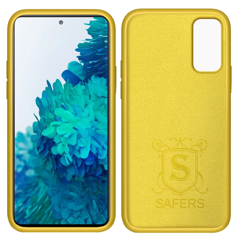 Gelbe Silikonhülle für Samsung Galaxy S20 FE, Vorder- und Rückansicht, Mikrofaser-Innenfutter.