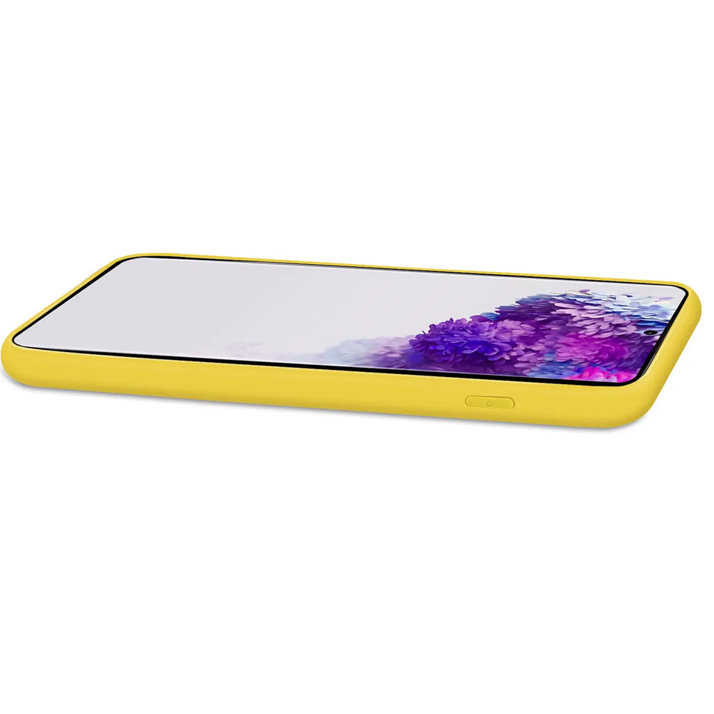 Gelbe Silikonhülle für Samsung Galaxy S20 FE, von der Seite gesehen.