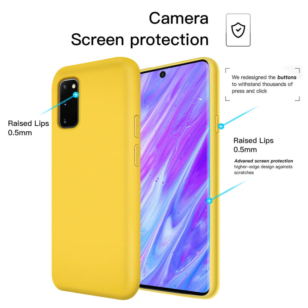 Gelbe Silikonhülle mit Mikrofaser-Innenfutter für Samsung Galaxy S20 FE, Vorderansicht.