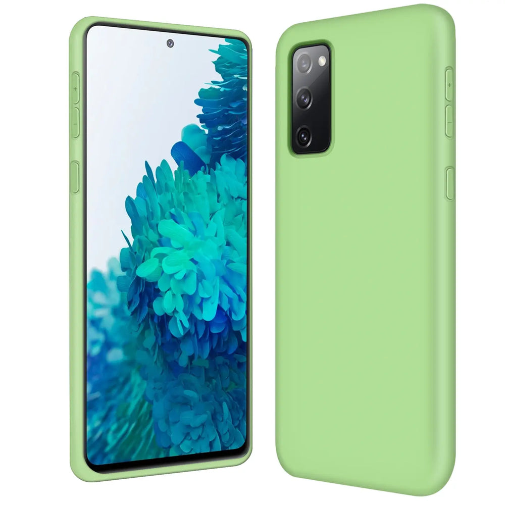 Grüne Silikonhülle für Samsung Galaxy S20 FE, von vorne und von hinten gezeigt.
