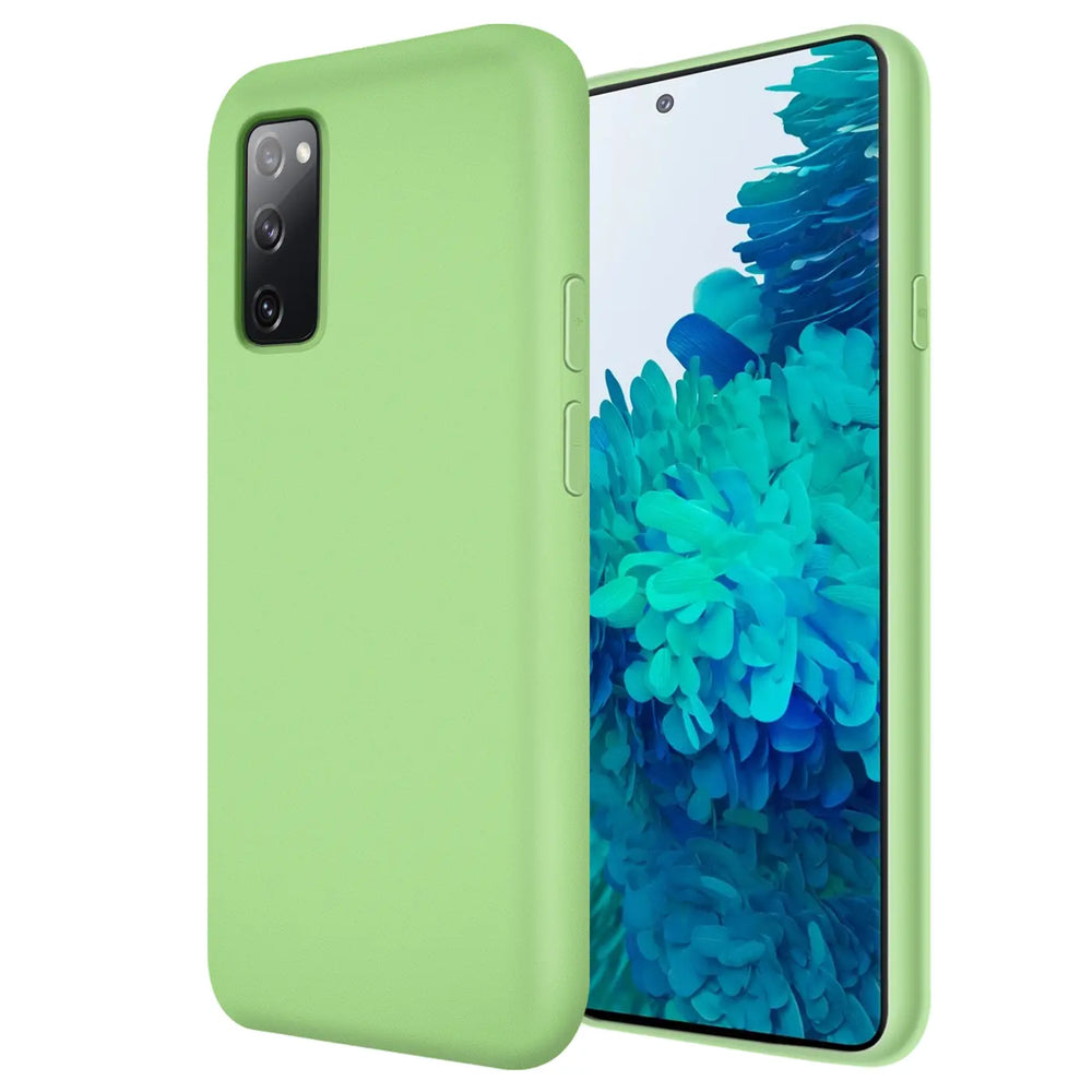Grüne Silikonhülle mit Mikrofaser-Innenfutter für Samsung Galaxy S20 FE, Seitenansicht.