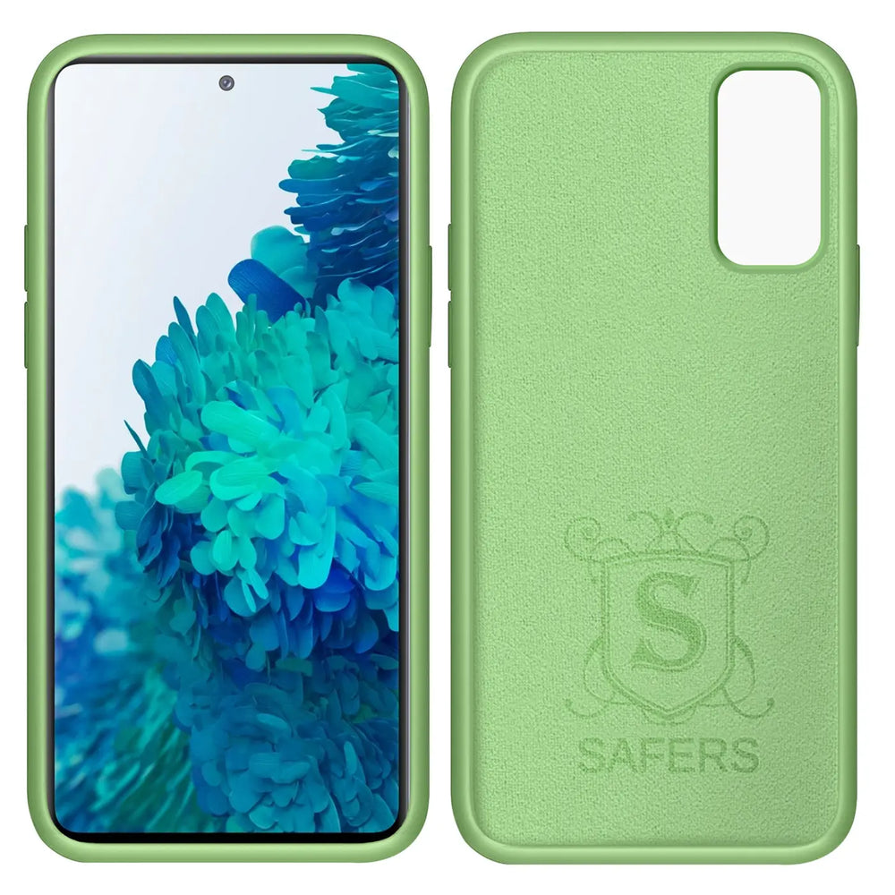 Grüne Silikonhülle, Vorder- und Rückansicht für Samsung Galaxy S20 FE.