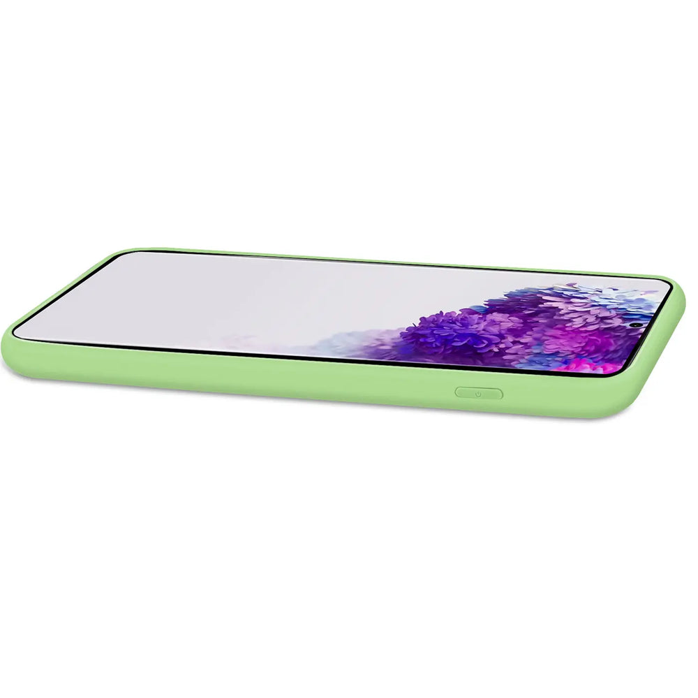 Grüne Silikonhülle mit Mikrofaser-Innenfutter für Samsung Galaxy S20 FE, Seitenansicht.