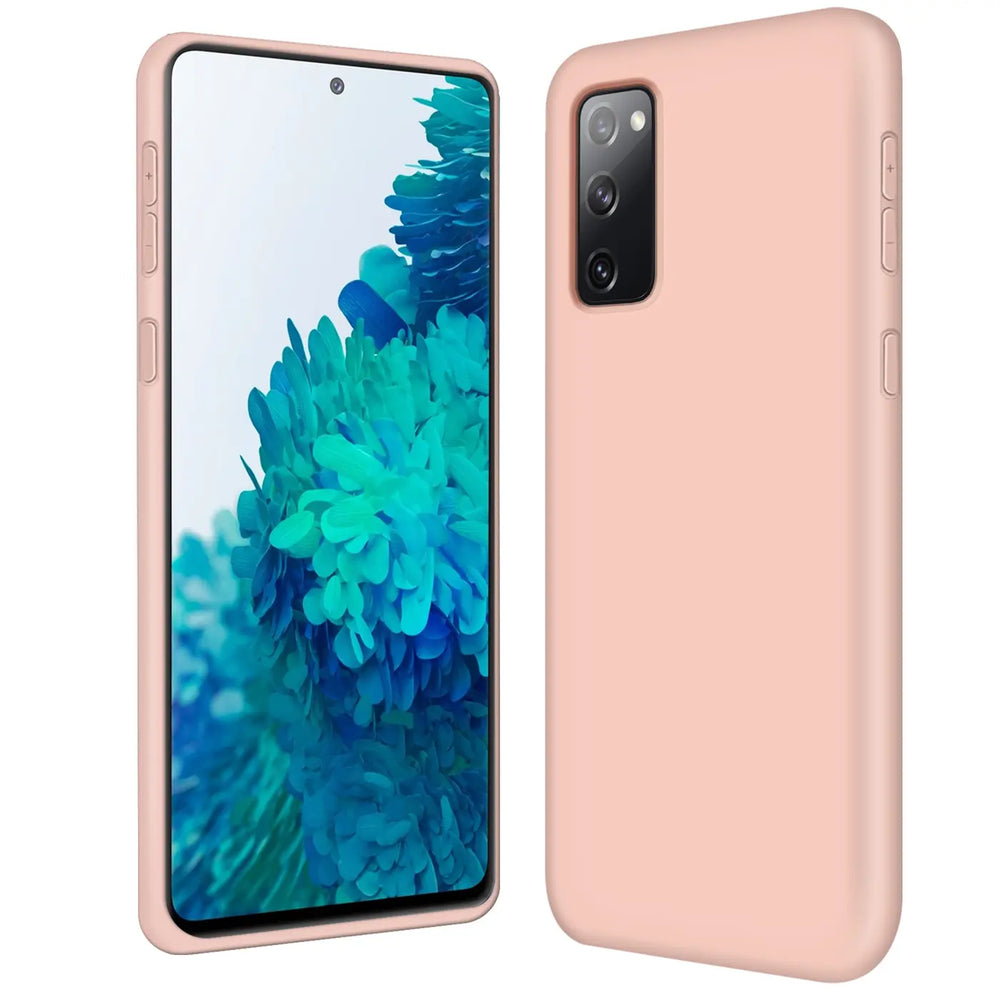 Rosa Silikonhülle für Samsung Galaxy S20 FE, von vorne und von der Seite gezeigt.