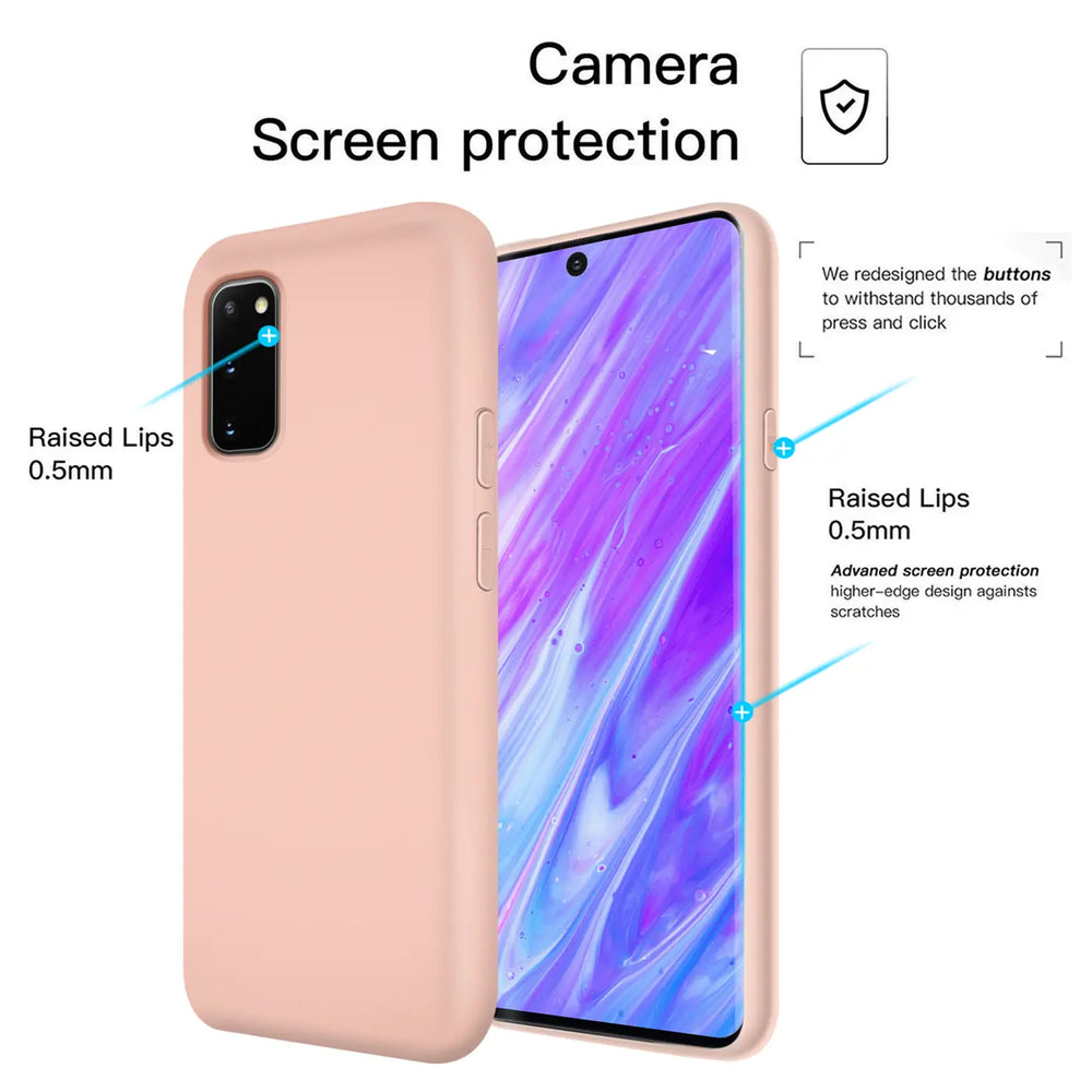 Rosa Silikonhülle für Samsung S20 FE, von vorne/seitlich, mit Display.