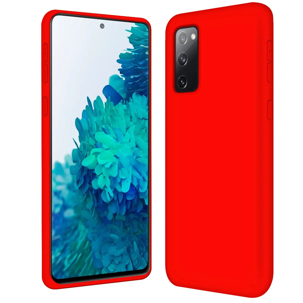 Rote Silikonhülle für Samsung Galaxy S20 FE, Vorder- und Rückansicht.