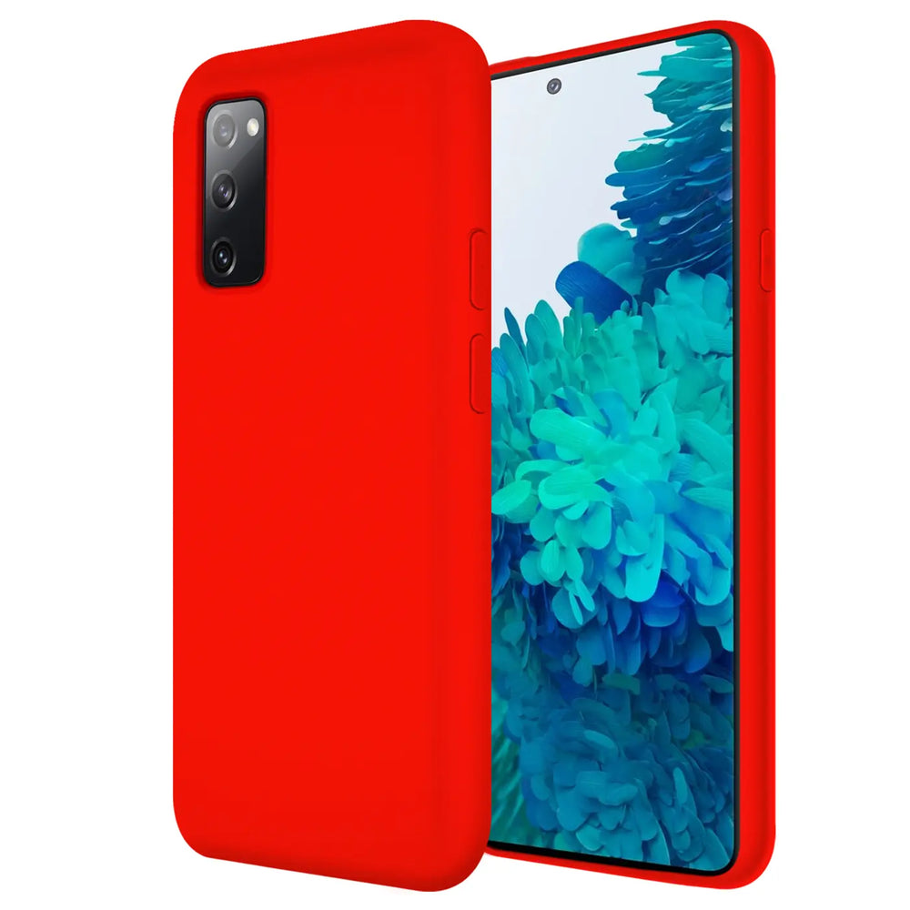 Rote Silikonhülle für Samsung Galaxy S20 FE, von vorne links, mit Mikrofaser-Innenfutter.