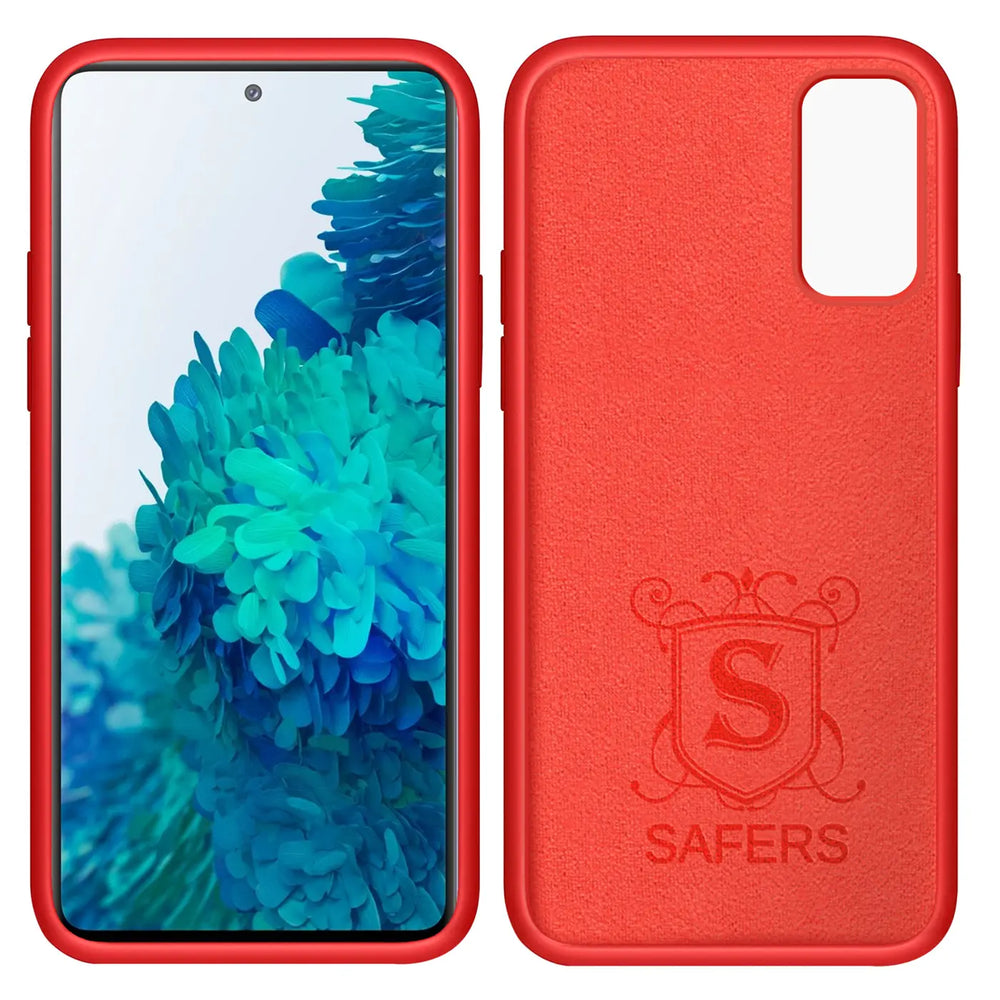 Rote Silikonhülle für Samsung S20 FE, Vorder- und Rückansicht, Mikrofaser-Innenfutter.