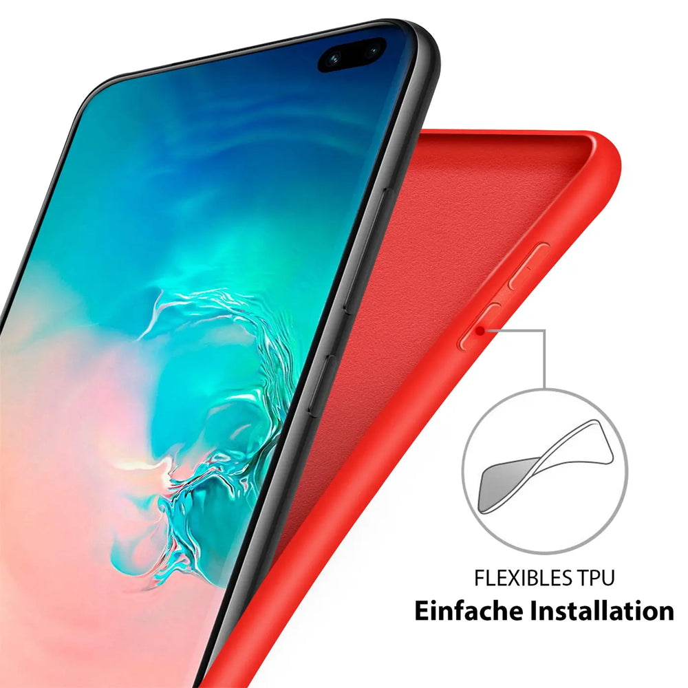 Rote Silikonhülle mit Mikrofaser-Innenfutter, gezeigt mit einem Samsung Galaxy S20 FE.