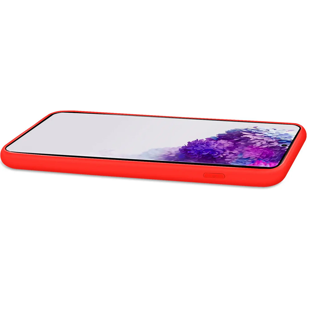 Rote Silikonhülle für Samsung Galaxy S20 FE, von der Seite gezeigt.