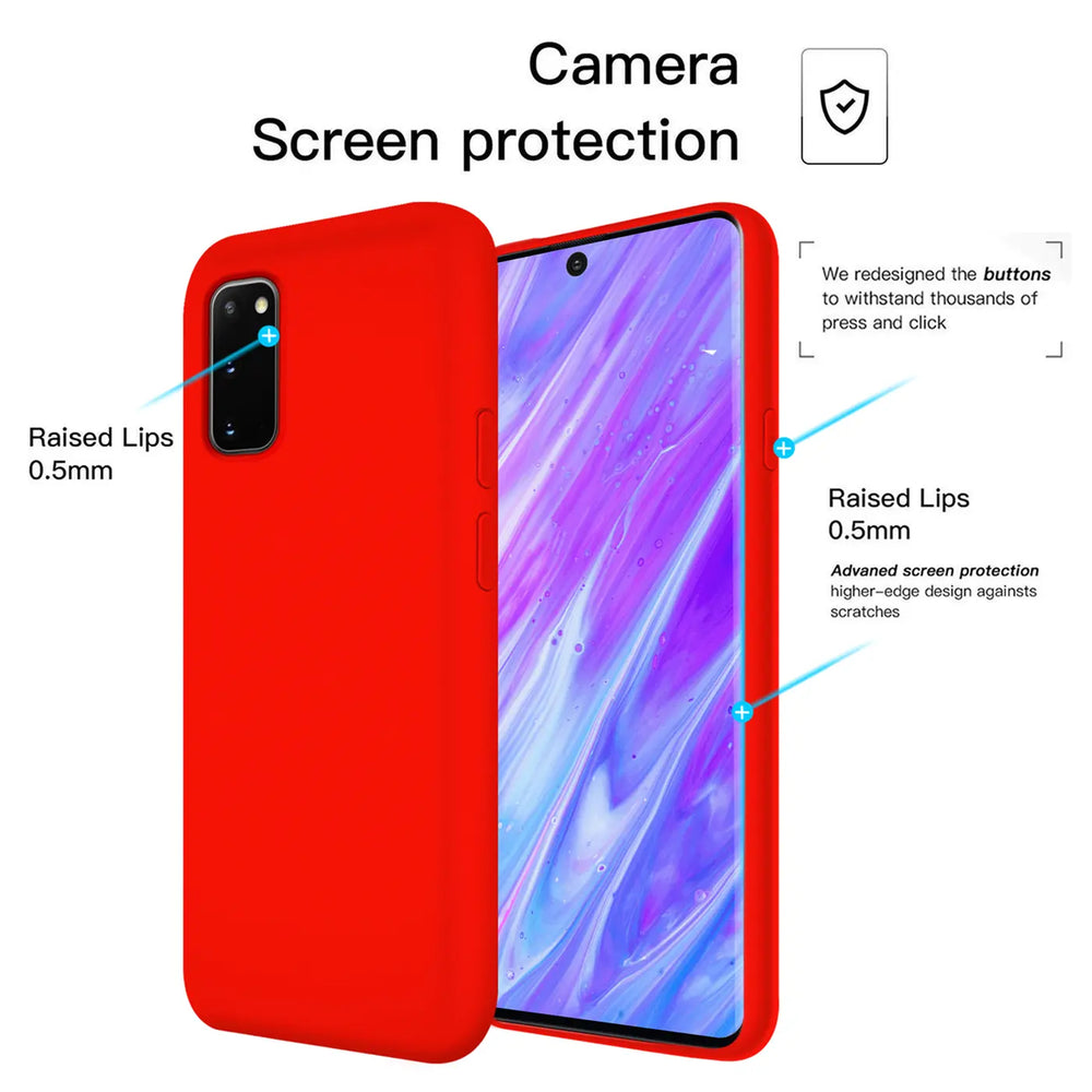 Rote Silikonhülle für Samsung Galaxy S20 FE, von vorne, mit Display und Kamera.