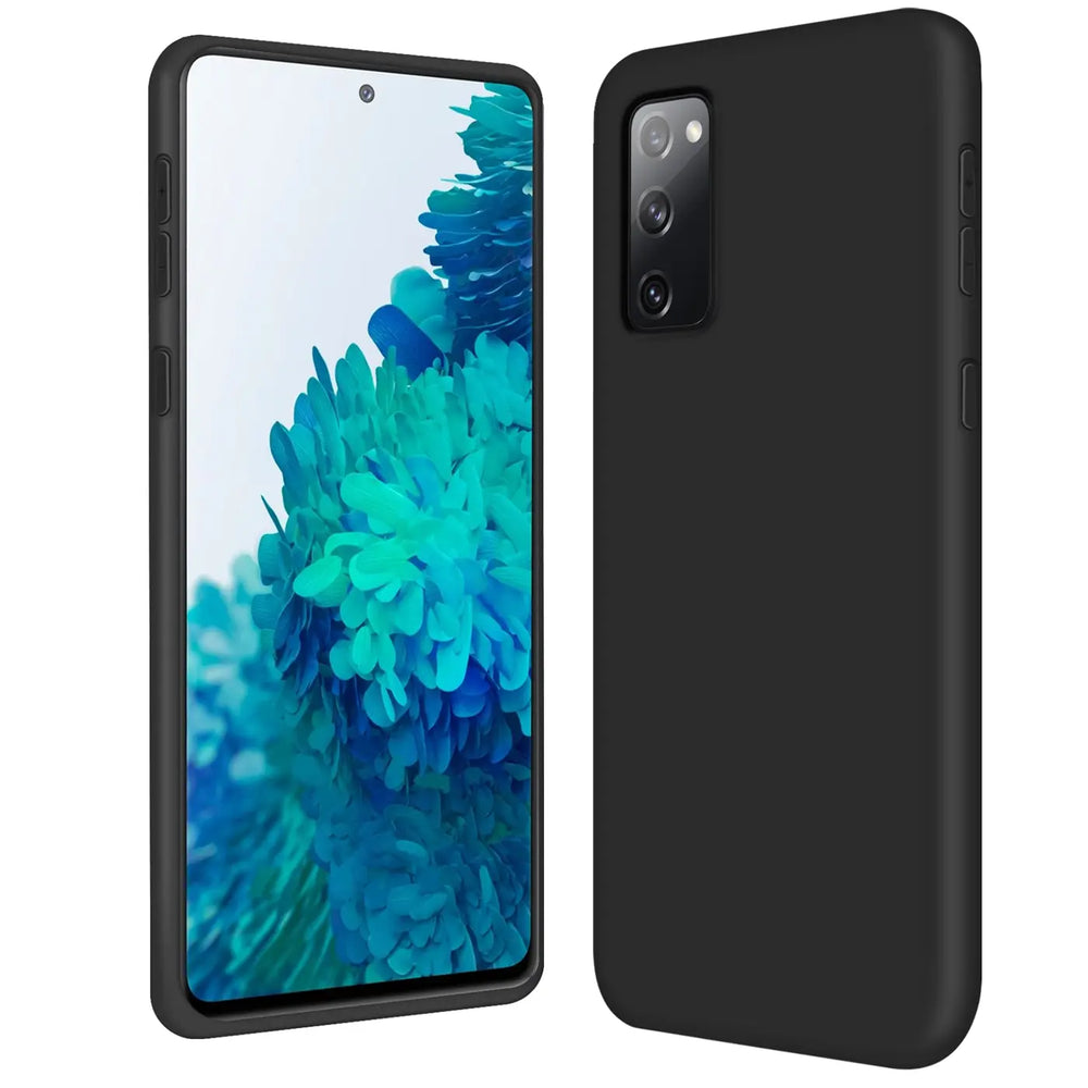Schwarze Silikonhülle für Samsung Galaxy S20 FE, von vorne und schräg hinten gezeigt.