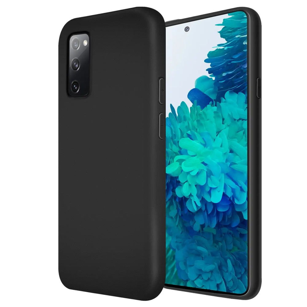Schwarze Silikonhülle mit Mikrofaser-Innenfutter, seitliche Ansicht, auf Samsung Galaxy S20 FE