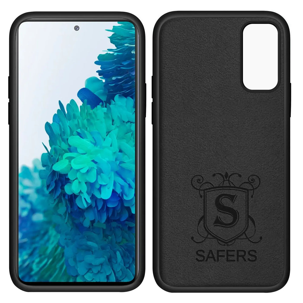 Schwarze Silikonhülle für Samsung Galaxy S20 FE, Rückseite mit Logo, Vorderseite zeigt das Gerät.