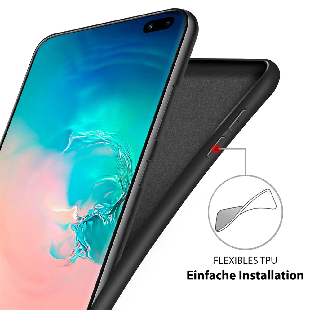Schwarze Silikonhülle für Samsung Galaxy S20 FE, von schräg oben, mit Mikrofaser-Innenfutter.