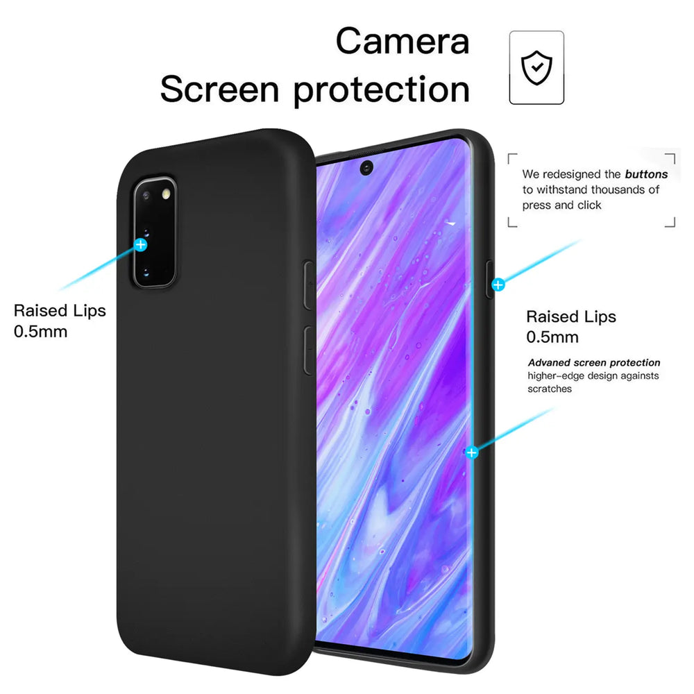 Schwarze Silikonhülle für Samsung Galaxy S20 FE, von schräg vorne, mit Display.