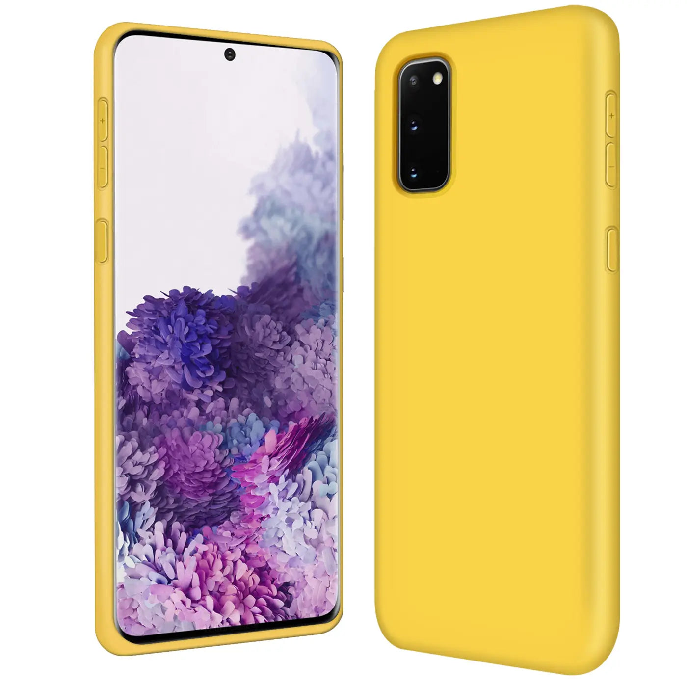 Gelbe Silikonhülle für Samsung Galaxy S20, von vorne und von der Seite gezeigt.