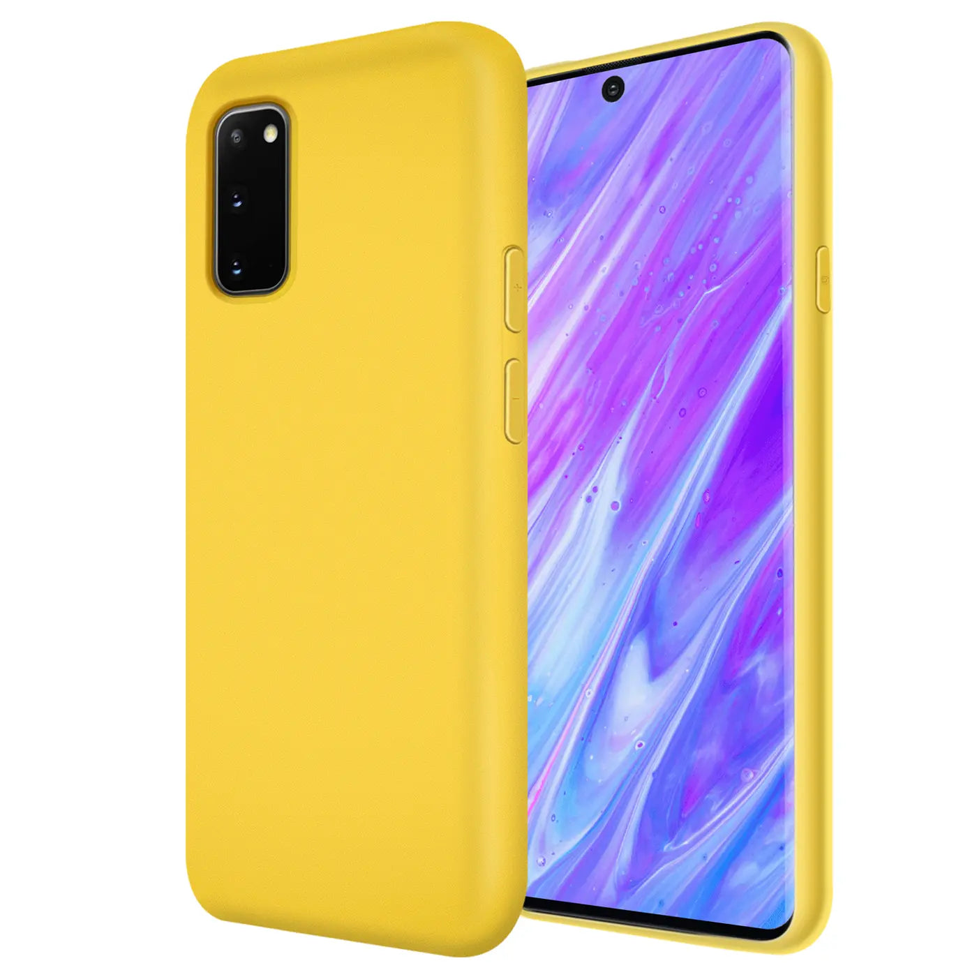 Gelbe Silikonhülle mit Mikrofaser-Innenfutter für Samsung Galaxy S20, Seitenansicht.