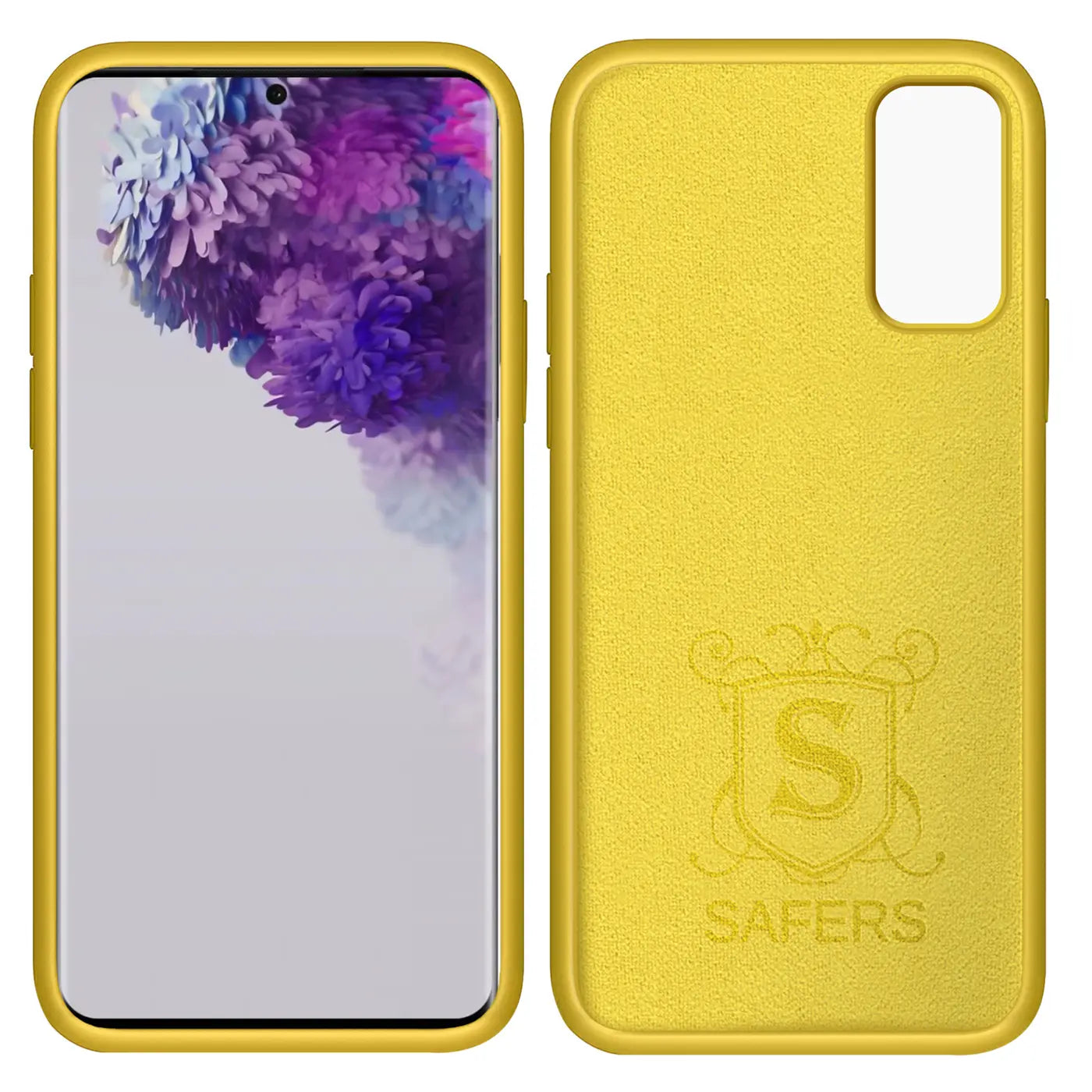 Gelbe Silikonhülle mit Mikrofaser-Innenfutter für Samsung Galaxy S20, Vorder- und Rückansicht.