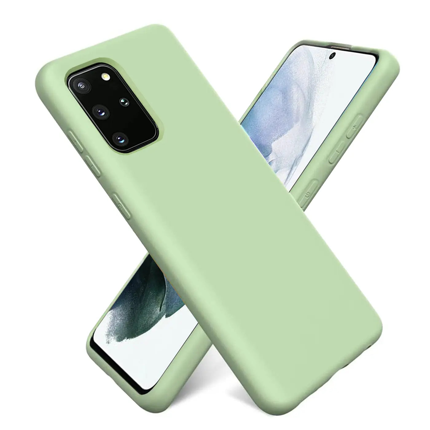 Hellgrüne Silikonhülle für Samsung Galaxy S20, von vorne links, mit Mikrofaser-Innenfutter.