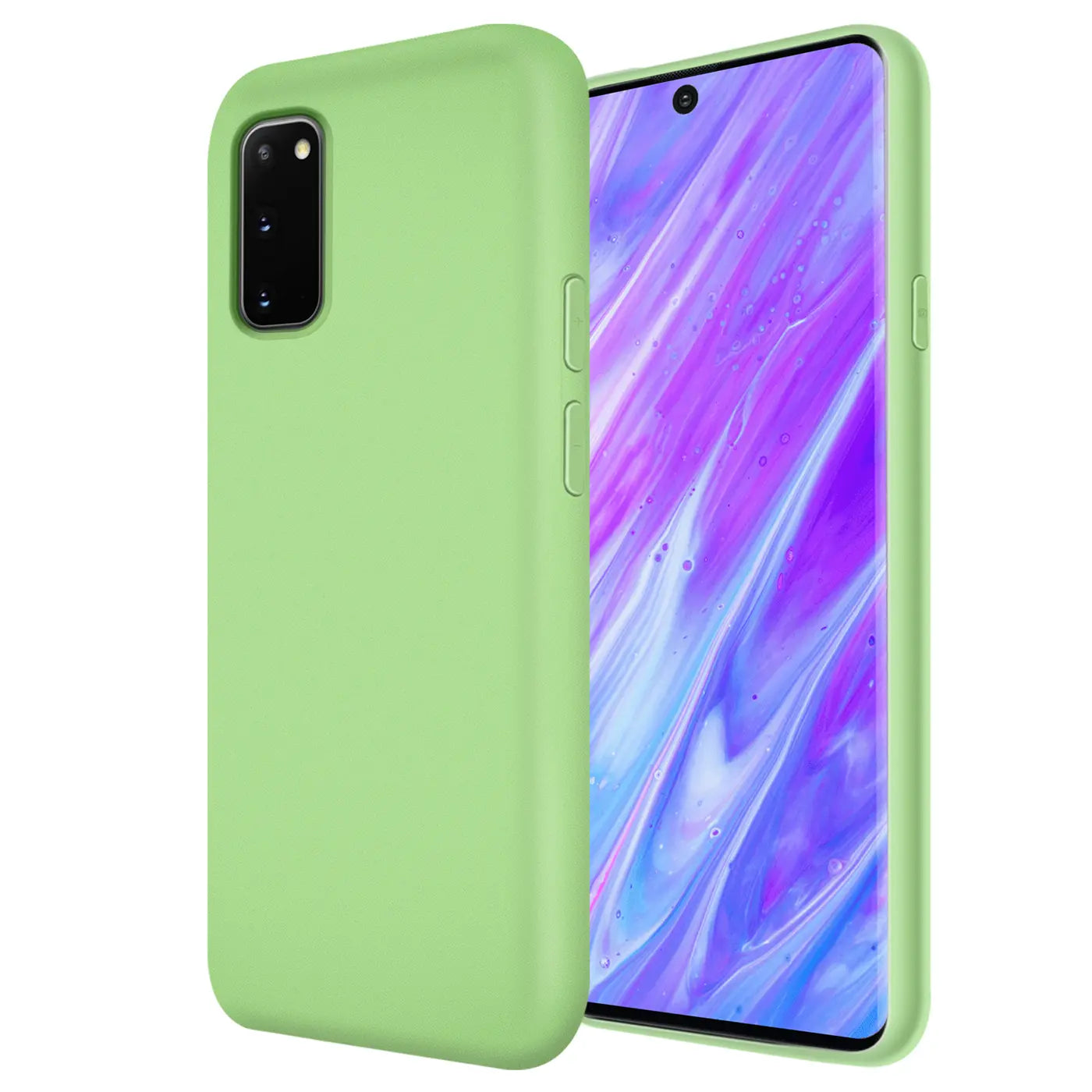 Grüne Silikonhülle für Samsung Galaxy S20, von vorne links, mit Mikrofaser-Innenfutter.
