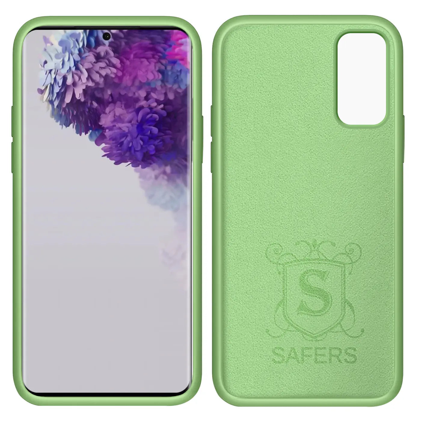 Grüne Silikonhülle mit Mikrofaser-Innenfutter für Samsung Galaxy S20, Vorder- und Rückansicht.