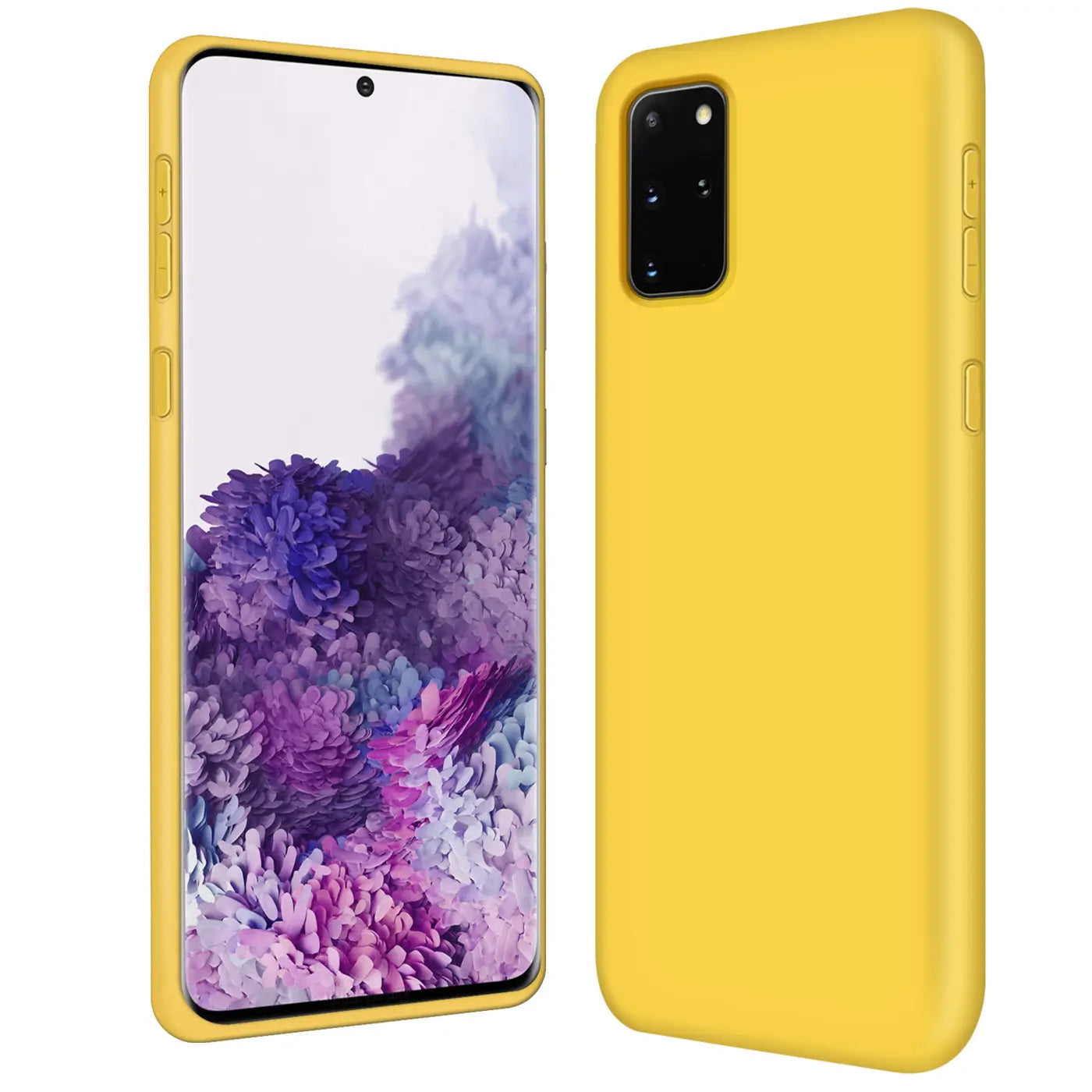 Gelbe Silikonhülle für Samsung Galaxy S20 Plus, von vorne und hinten gezeigt.