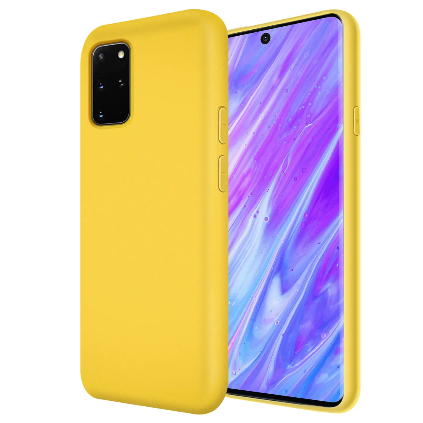 Gelbe Silikonhülle auf Samsung Galaxy S20 Plus, Seitenansicht