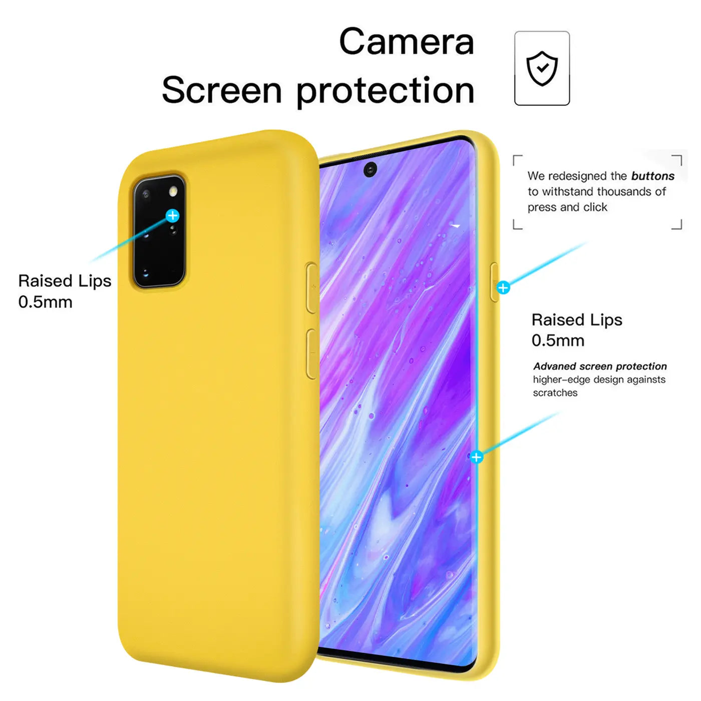 Gelbe Silikonhülle für Samsung Galaxy S20 Plus, von vorne links, mit hervorgehobener Kamera und Bildschirm.