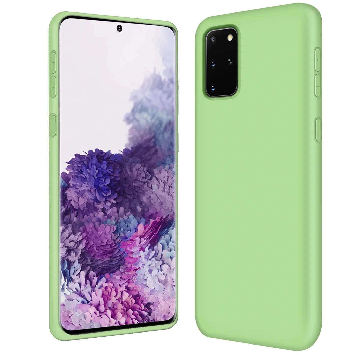 Grüne Silikonhülle für Samsung Galaxy S20 Plus, von vorne und von der Seite gezeigt.