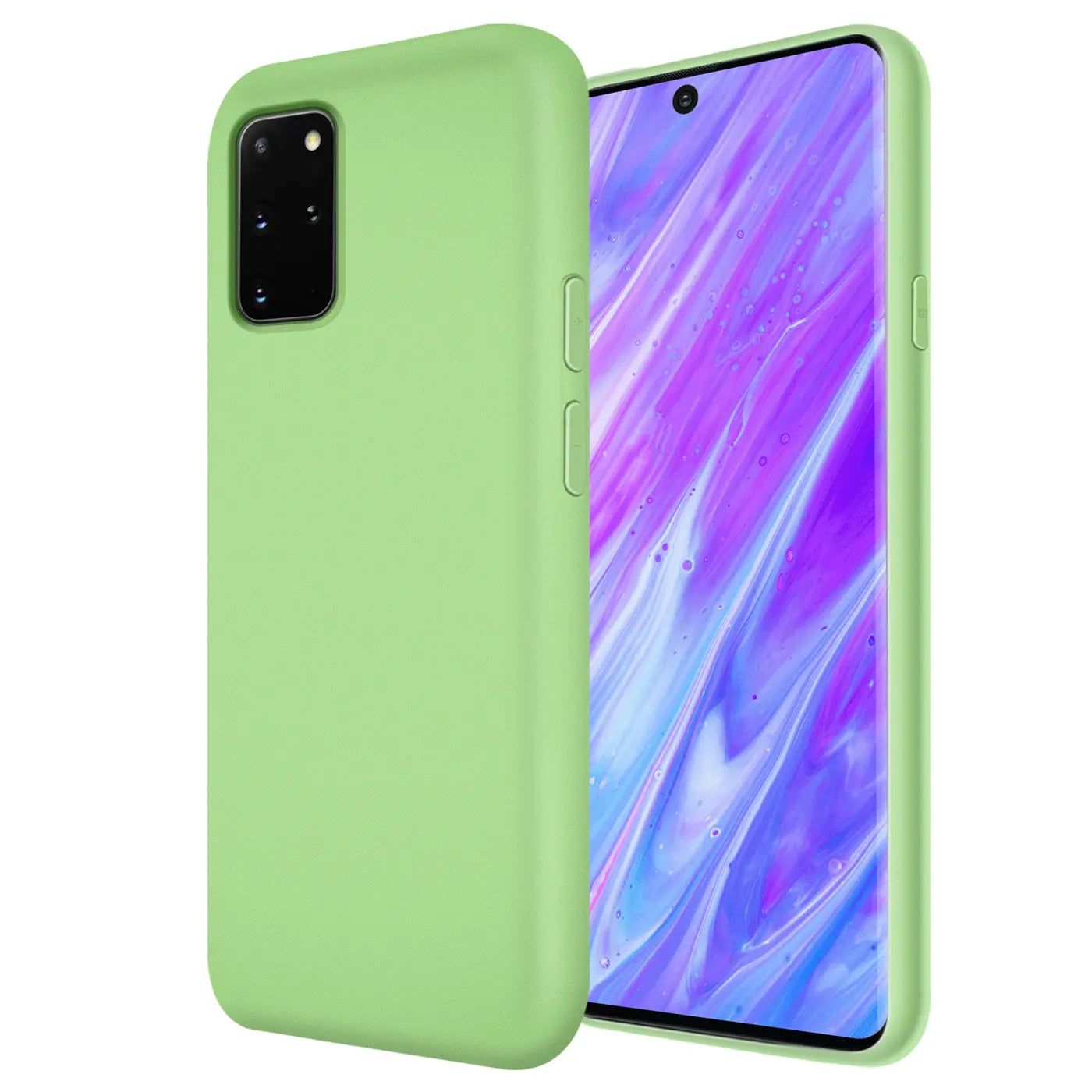 Grüne Silikonhülle mit Mikrofaser-Innenfutter für Samsung Galaxy S20 Plus, von vorne rechts