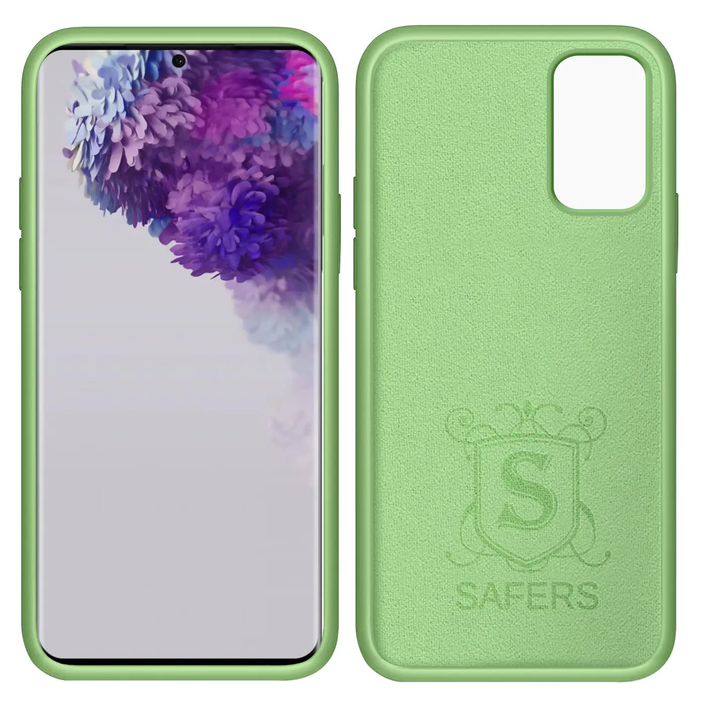 Grüne Silikonhülle für Samsung S20 Plus, Vorder- und Rückansicht, Mikrofaser innen.