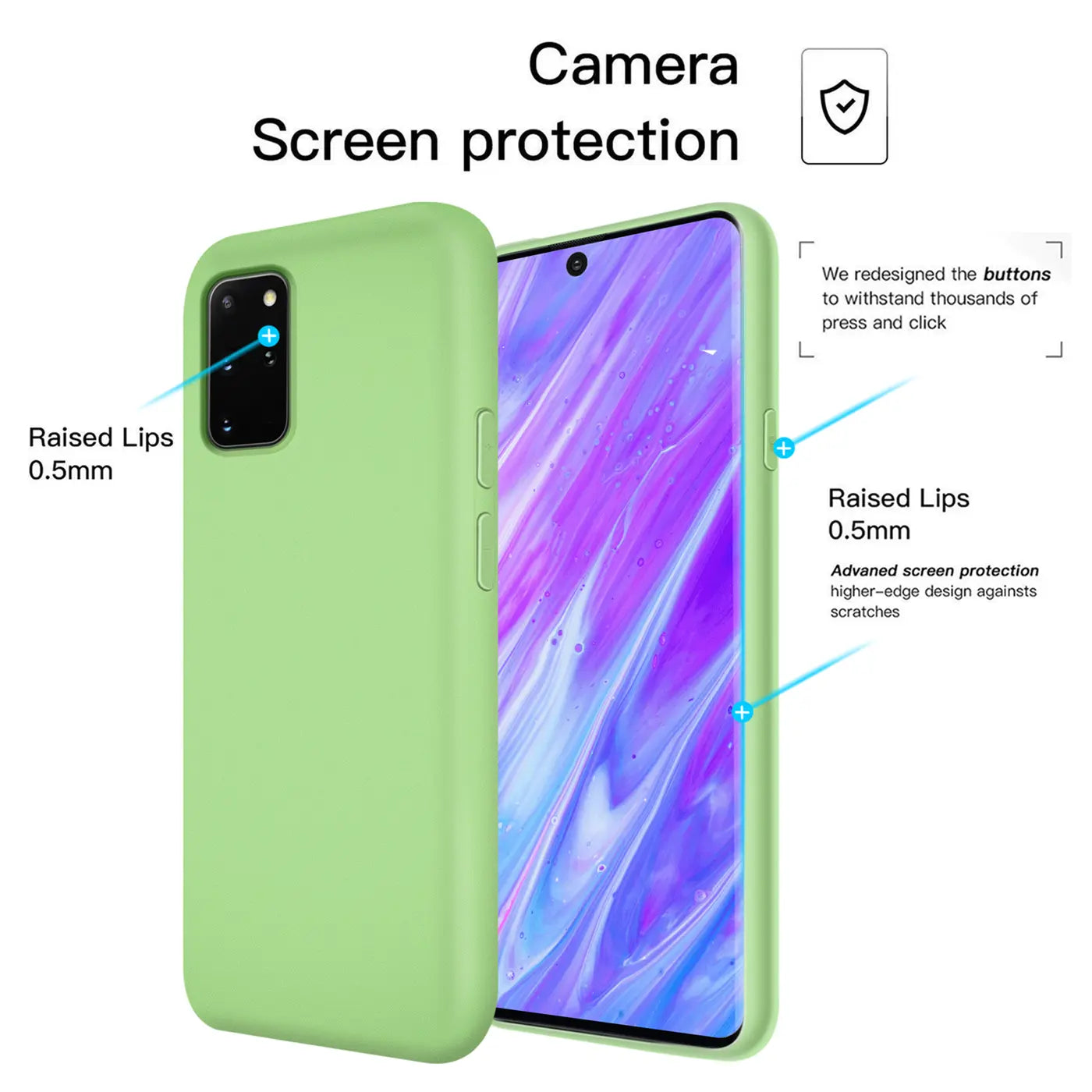 Grüne Silikonhülle für Samsung Galaxy S20 Plus, von vorne/seitlich, mit Display und Kamera.
