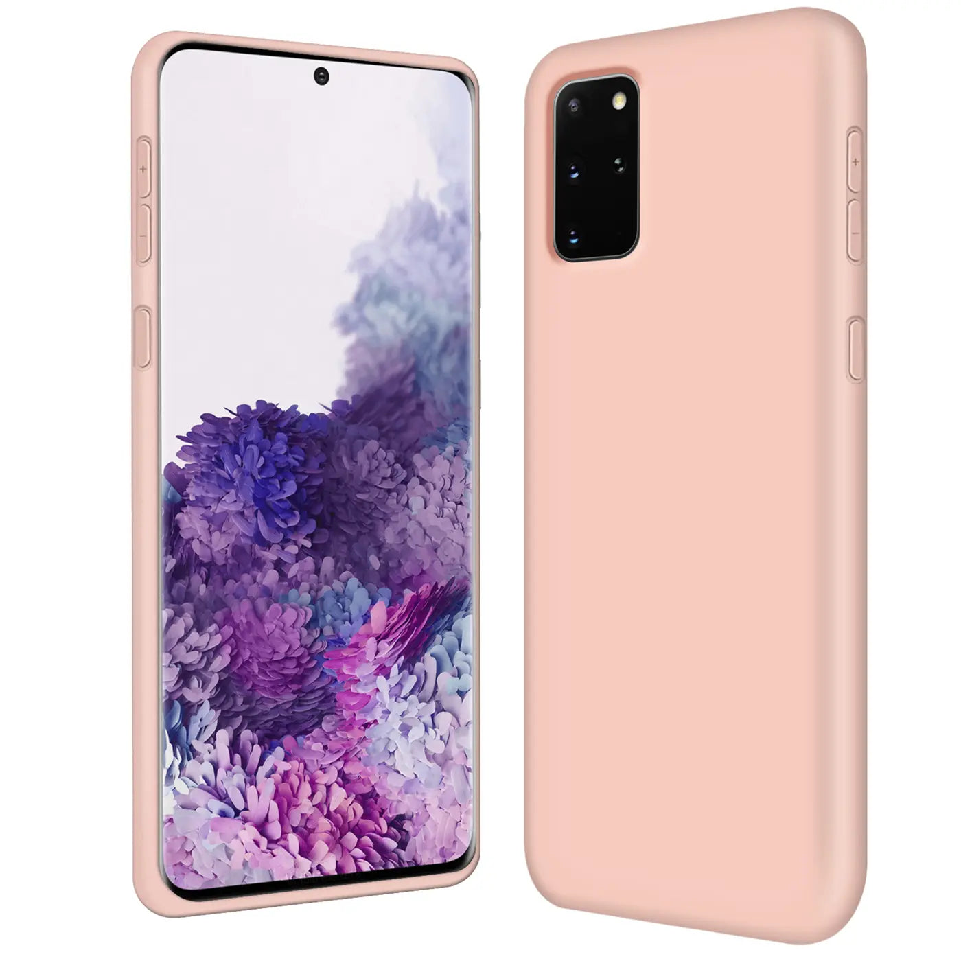 Rosa Silikonhülle für Samsung Galaxy S20 Plus, von vorne und von der Seite gezeigt.