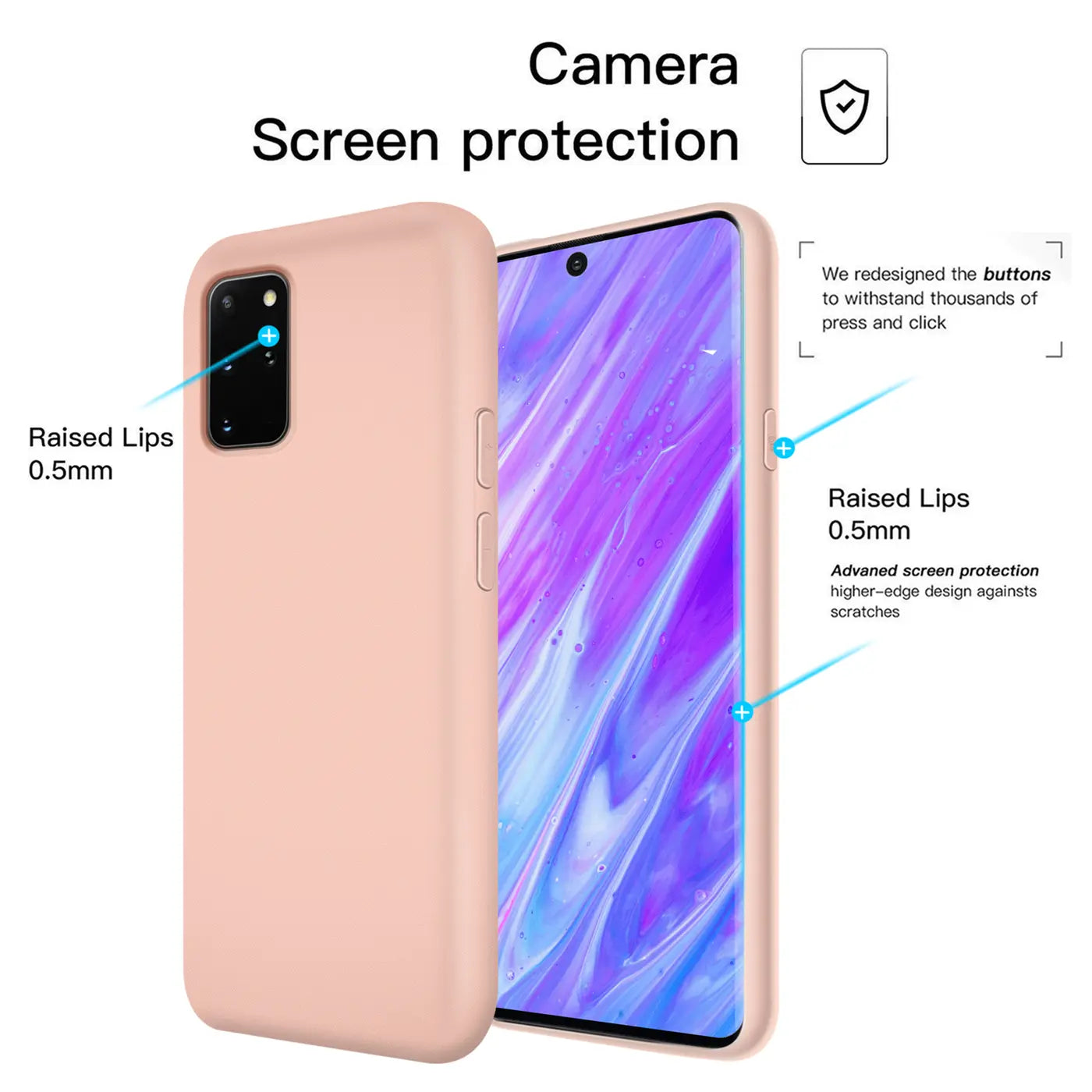 Rosa Silikonhülle für Samsung Galaxy S20 Plus, von vorne links, mit Display und Kamera.