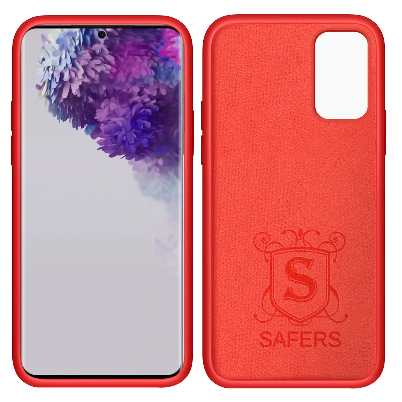 Rote Silikonhülle mit Mikrofaser-Innenfutter für Samsung Galaxy S20 Plus, Vorder- und Rückansicht