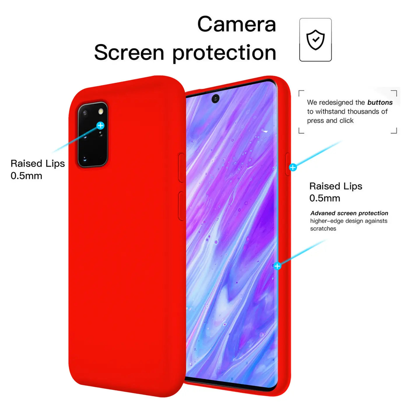 Rote Silikonhülle für Samsung Galaxy S20 Plus, von vorne/seitlich gezeigt.