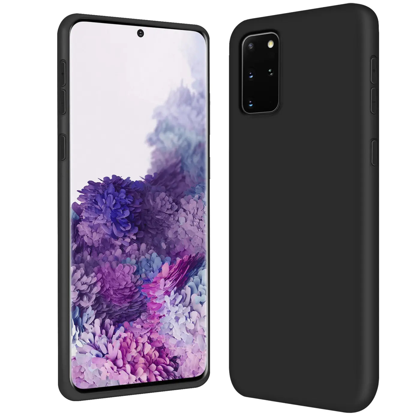 Schwarze Silikonhülle für Samsung Galaxy S20 Plus, von vorne und hinten gezeigt.