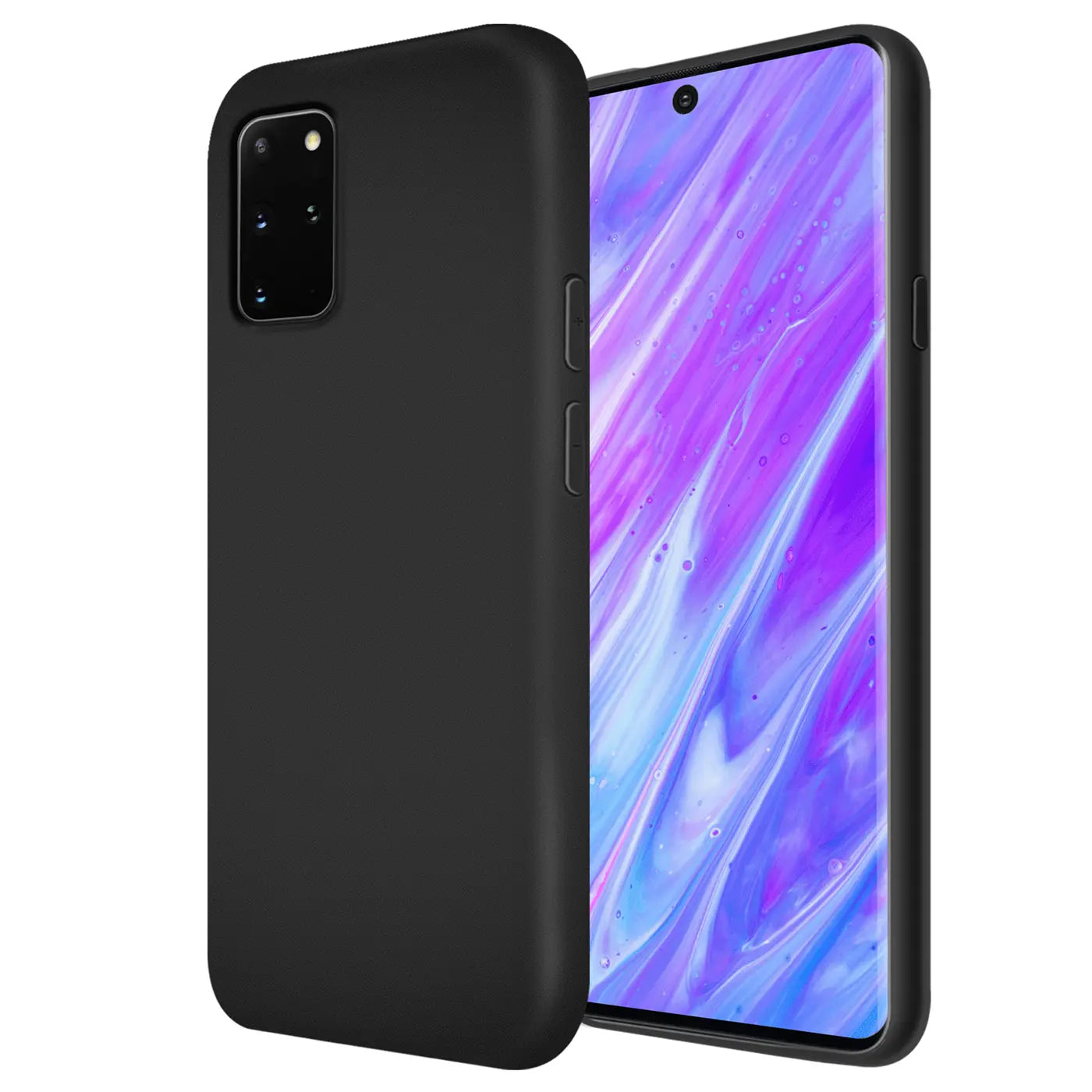 Schwarze Silikonhülle mit Mikrofaser-Innenfutter, seitliche Ansicht, Samsung Galaxy S20 Plus.