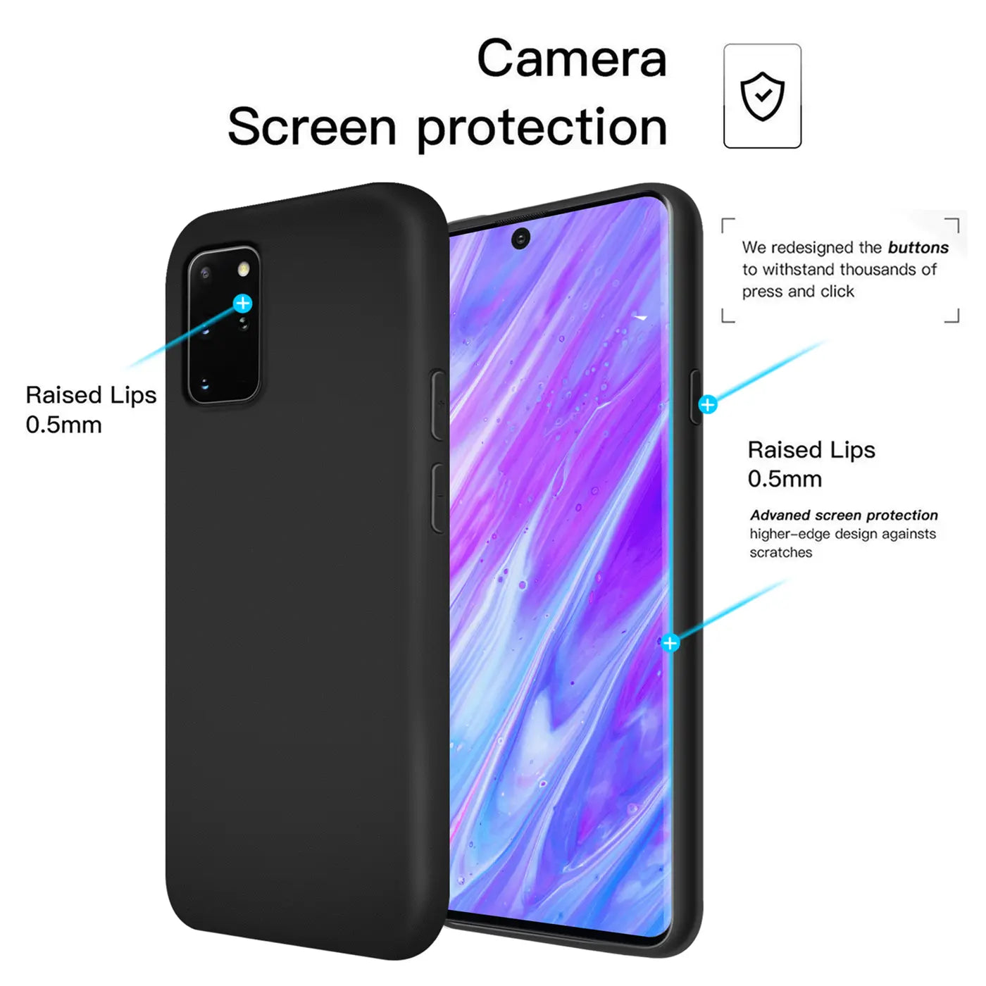 Schwarze Silikonhülle für Samsung Galaxy S20 Plus, Seitenansicht, mit Fokus auf Kamera und Bildschirm.