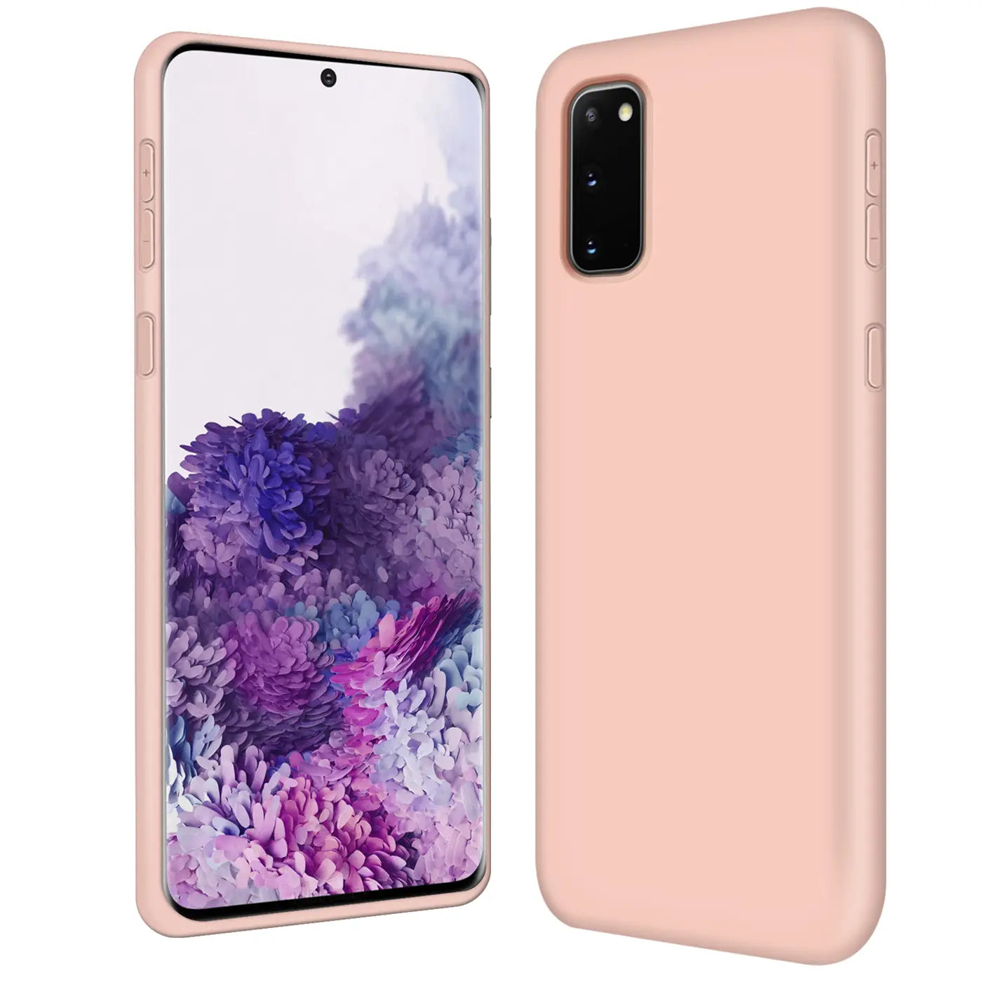 Rosa Silikonhülle für Samsung Galaxy S20, von vorne und von der Seite gezeigt