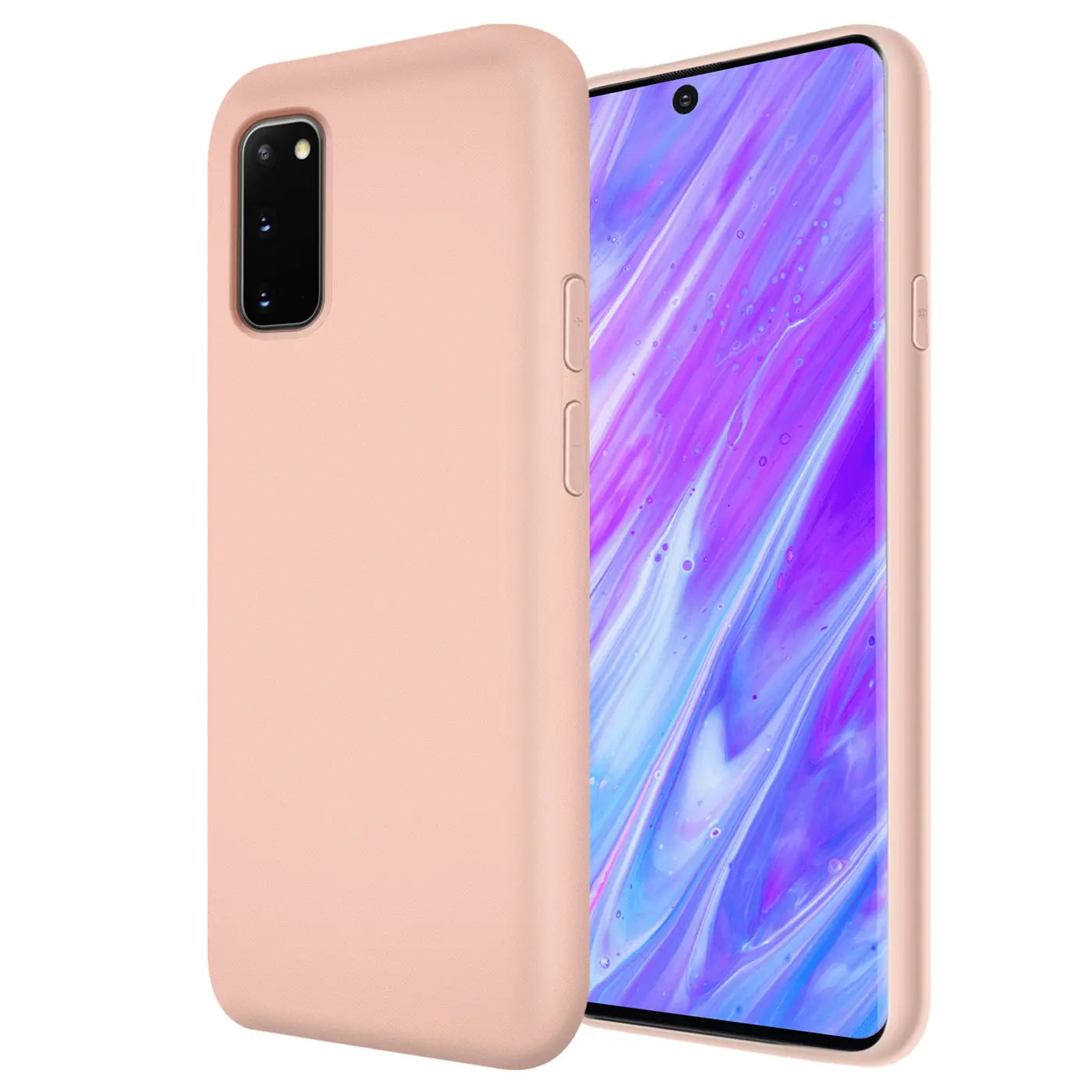 Rosa Silikonhülle für Samsung Galaxy S20, von vorne links, mit Mikrofaser-Innenfutter.